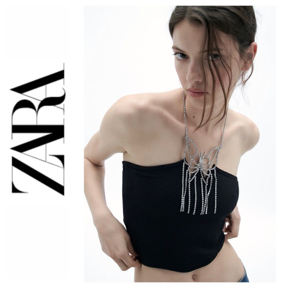 NWT Zara Black Limitless Contour Collection Seamless Jewel Butterfly Halter Top